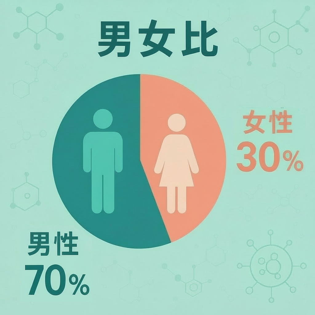 男女比	男性：70％　女性：30％